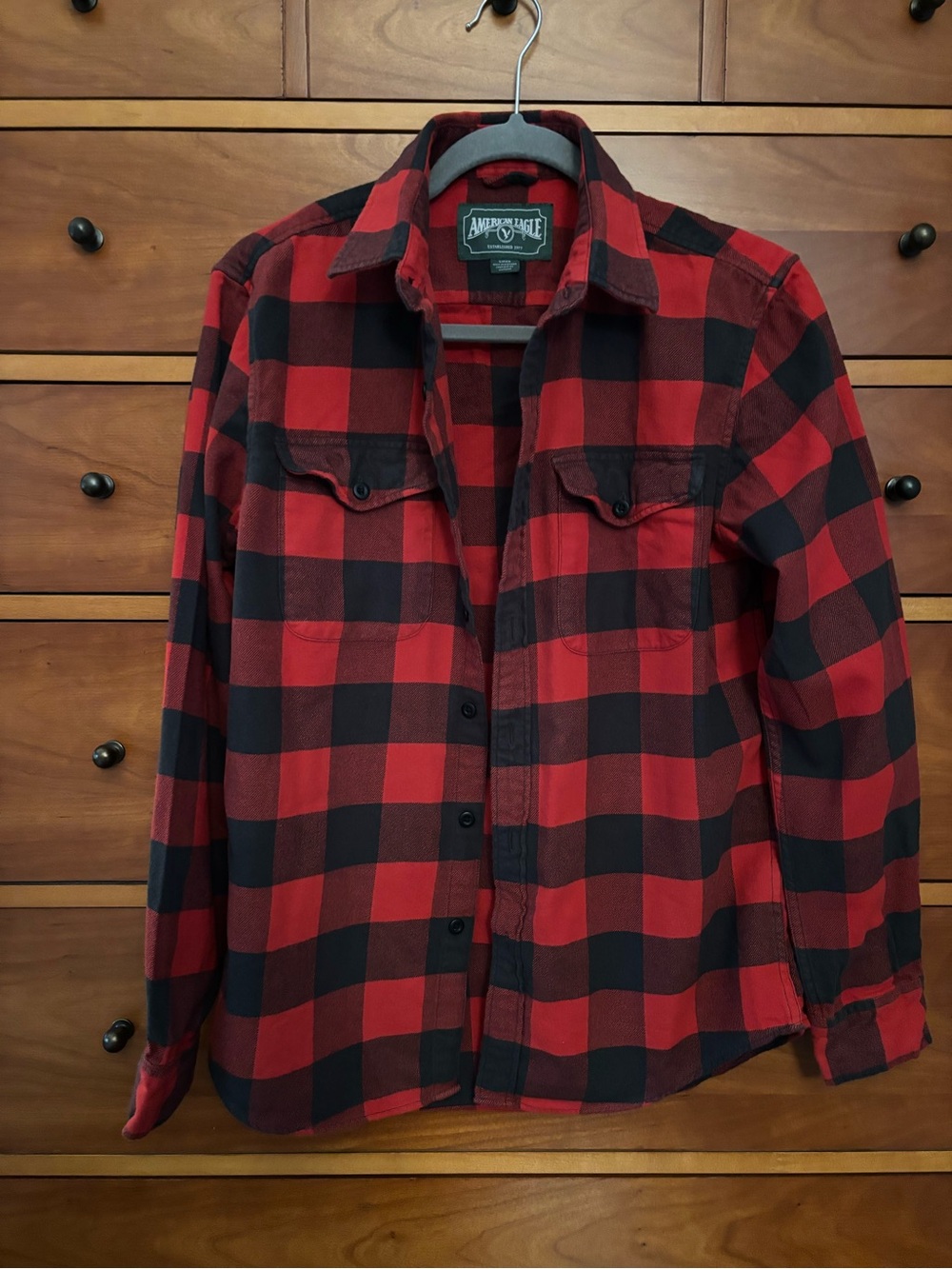 American Eagle Outfitters Red and Black Buffalo Plaid Button-Down Shirt